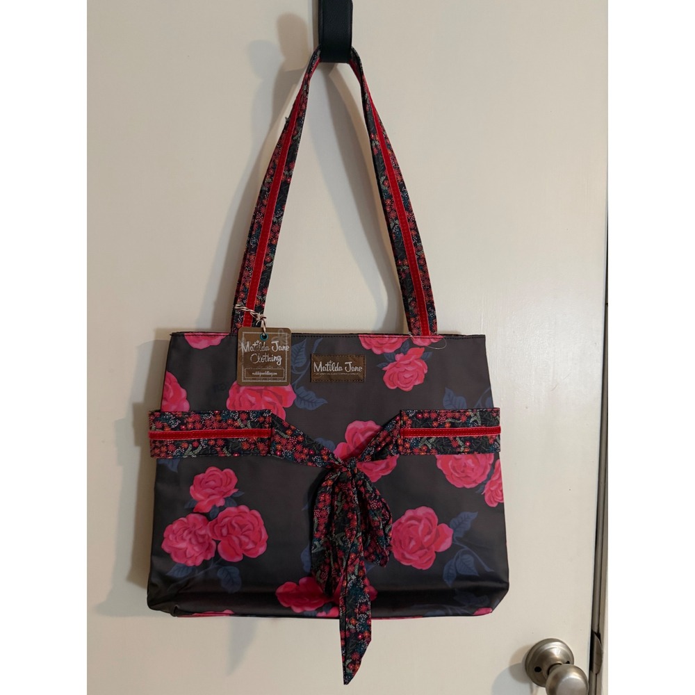 Matilda Jane Floral Rose Tote Bag NWT Black Pink Velvet Trim Shoulder Bag